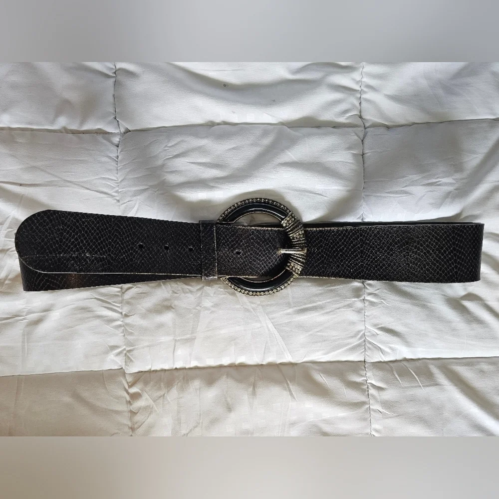 Chicos LeatherTextured Belt with Silver Rhinestone Buckle Bling - Picture 3 of 9